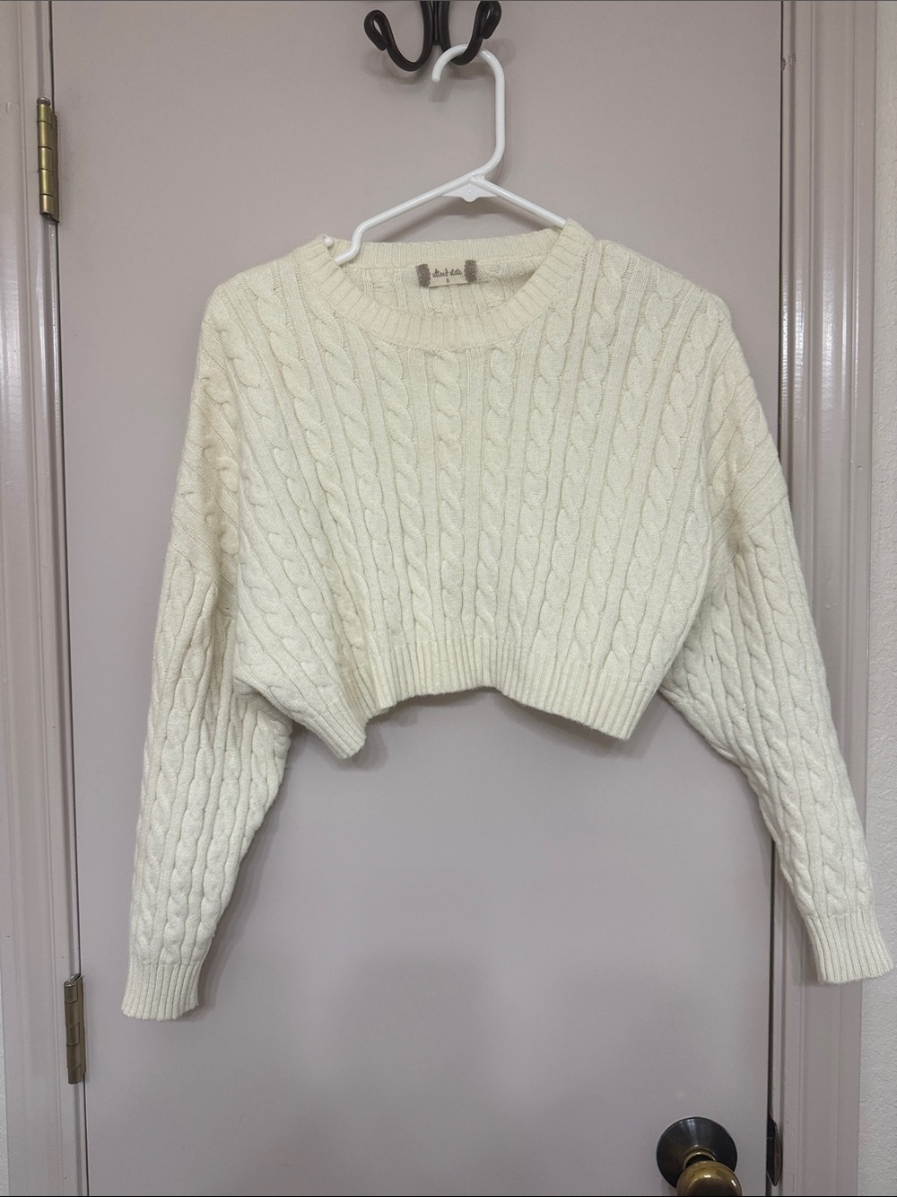 Altar'd State Cream Cropped Cable Knit Crew Sweater
